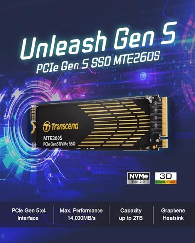 Transcend SSD MTE260S 1To M.2 2280 PCIe NVMe Gen5 x4 | 1|000 Mo/s lecture / 9.800 Mo/s écriture | SSD NVMe Gen5 1To M.2 
